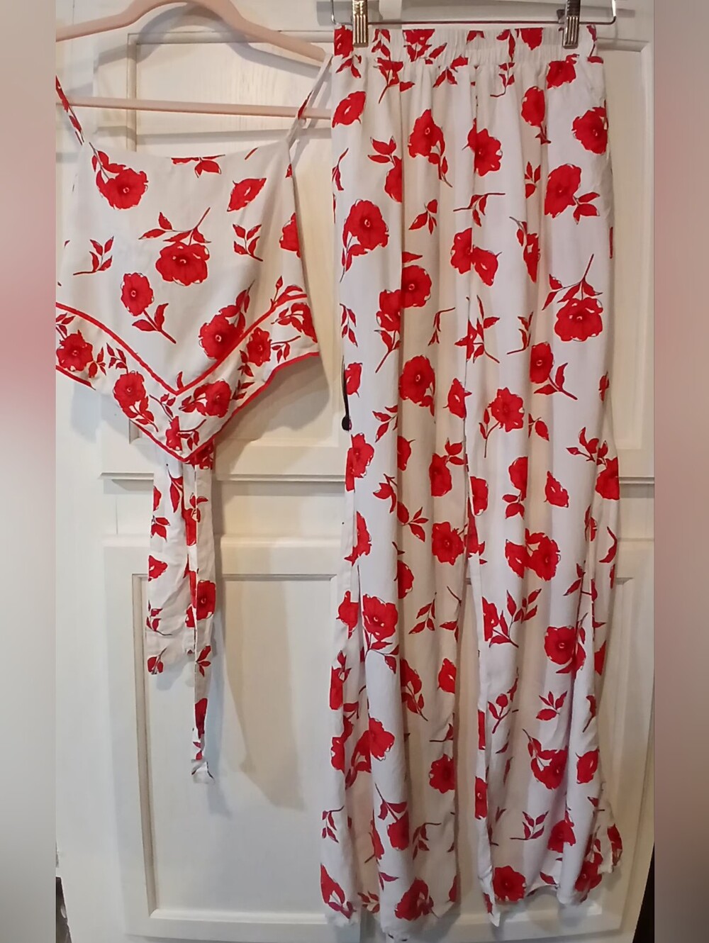 Jopna Red And White Floral Print Matching Set, Pants & Handkerchief Style Top S